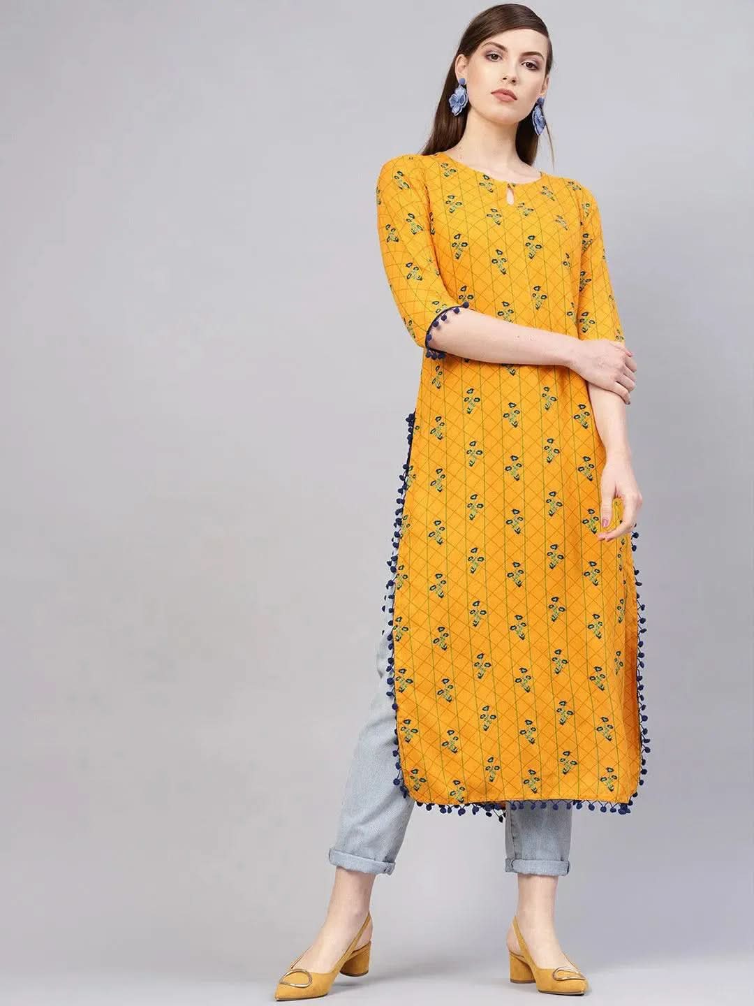 Libas Yellow Printed Rayon Kurta
