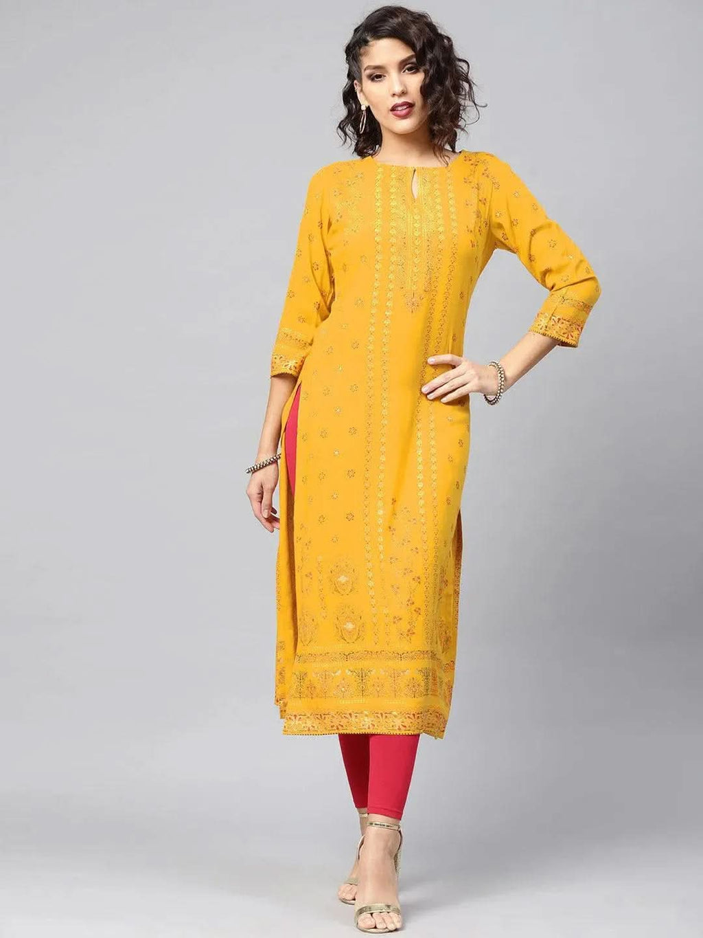 Libas Yellow Printed Rayon Kurta