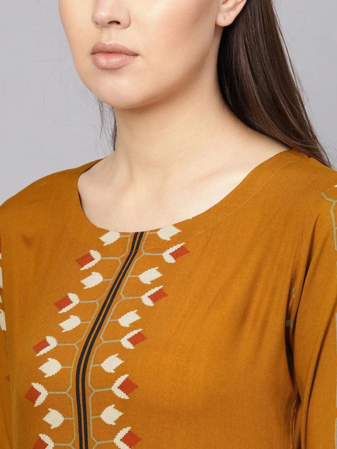 Libas Yellow Printed Rayon Kurta