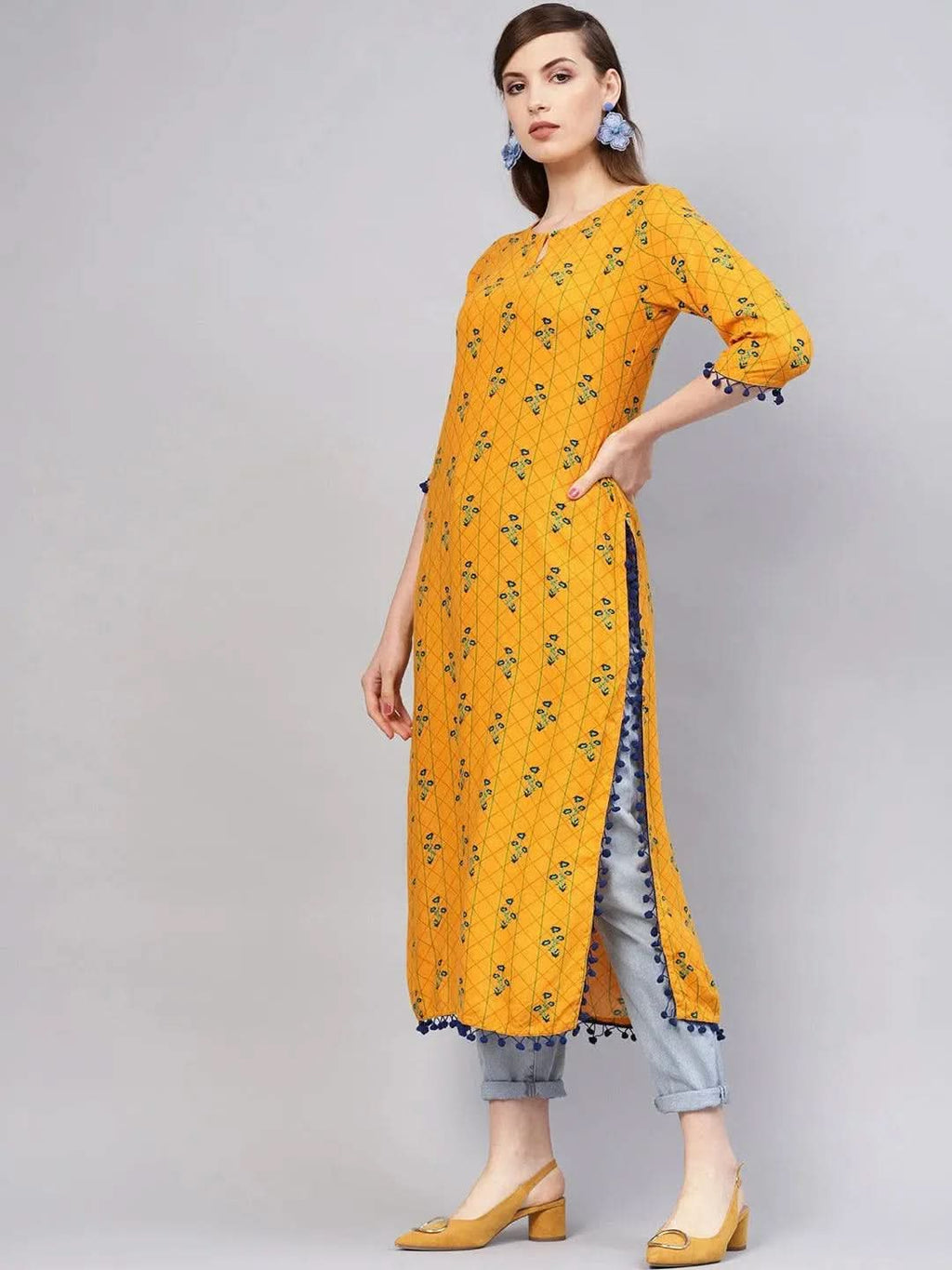 Libas Yellow Printed Rayon Kurta