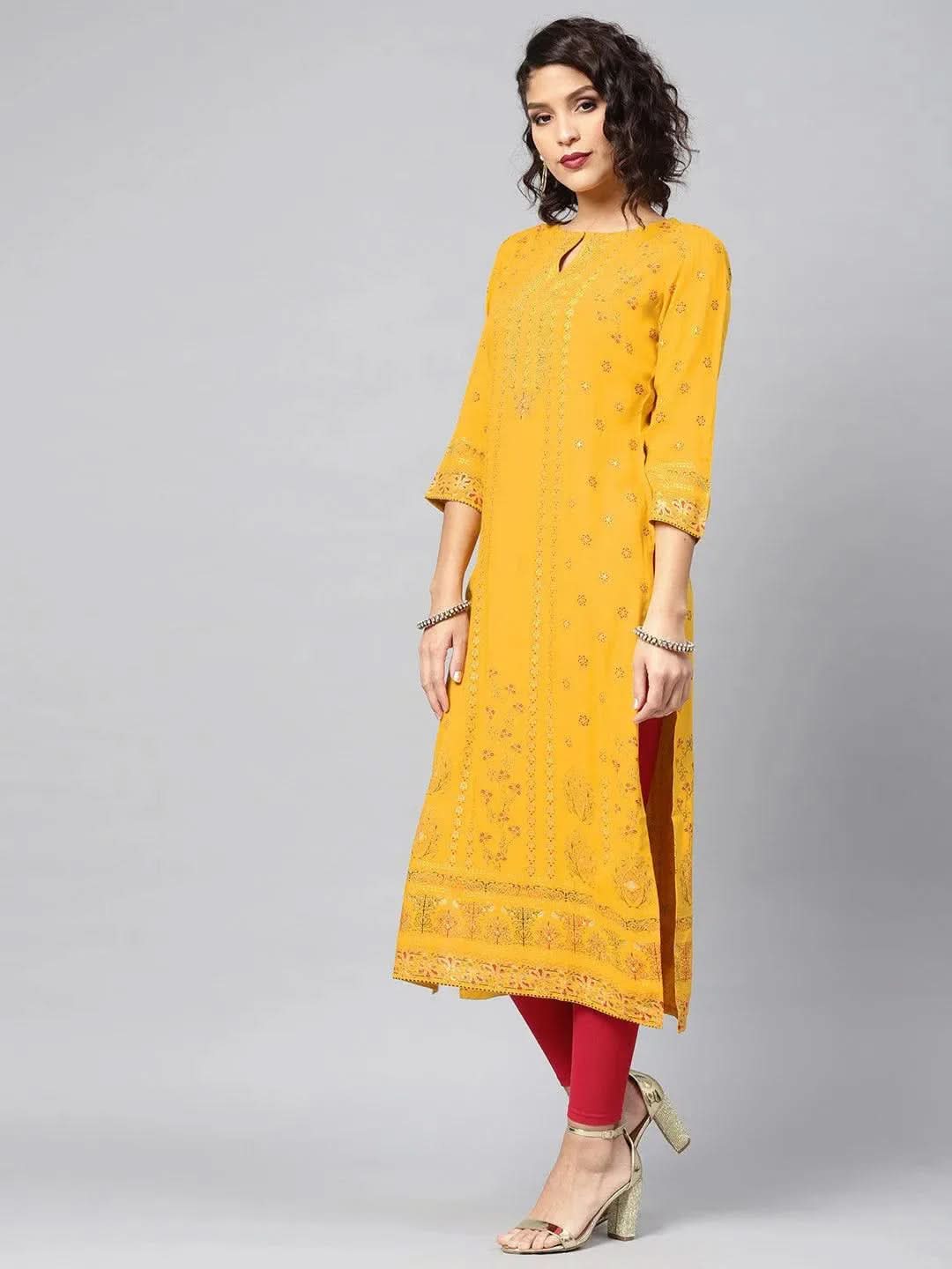 Libas Yellow Printed Rayon Kurta