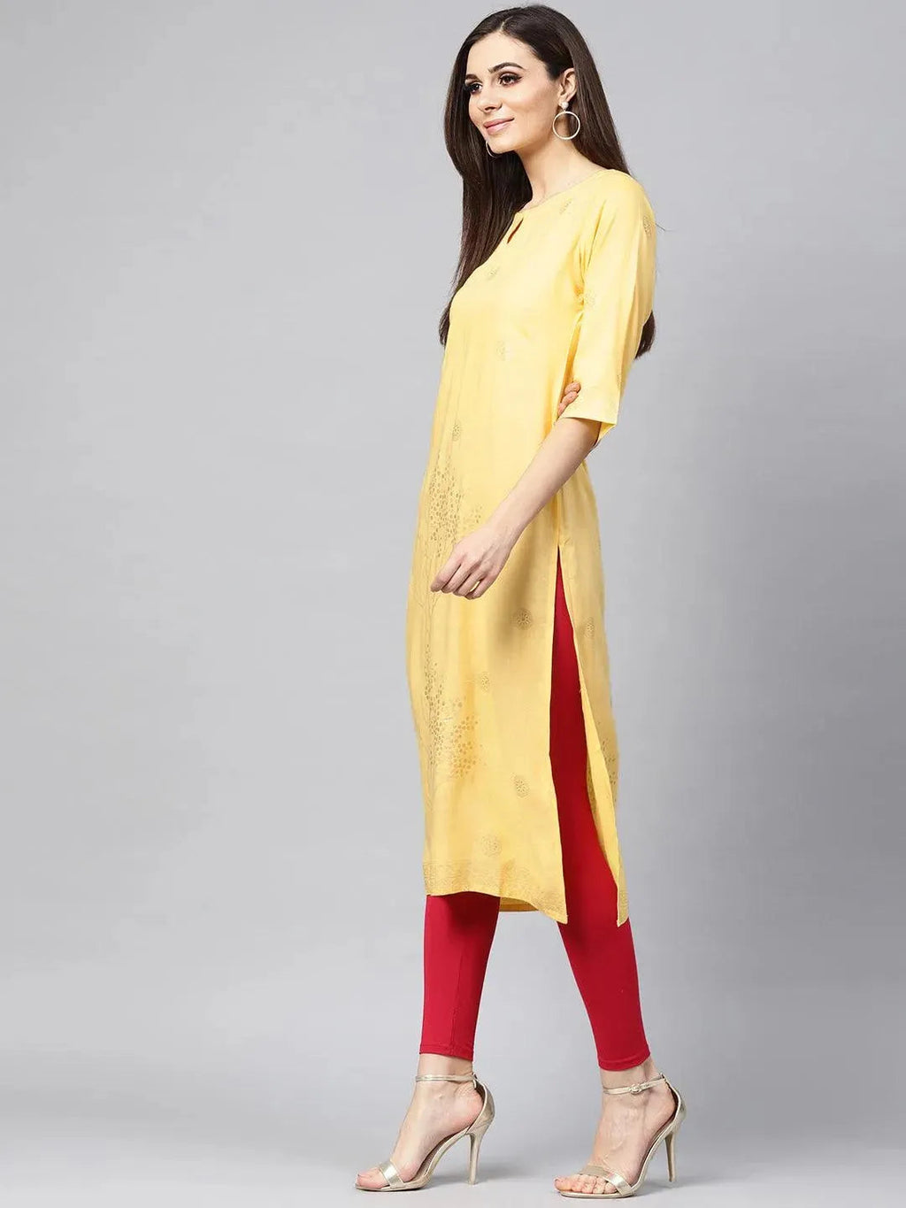 Libas Yellow Printed Rayon Kurta