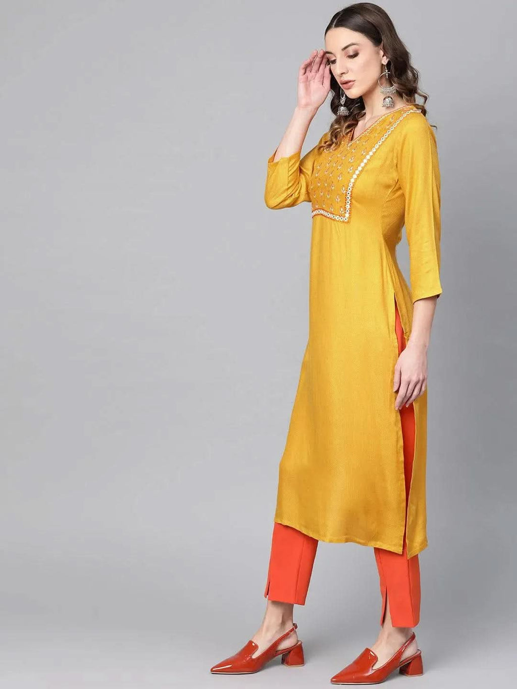 Libas Yellow Printed Rayon Kurta