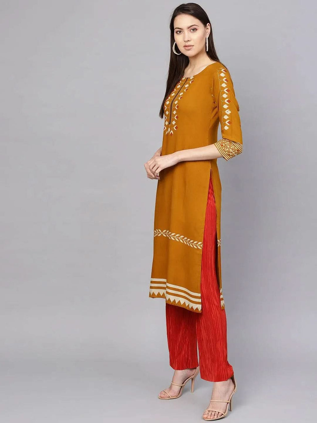 Libas Yellow Printed Rayon Kurta