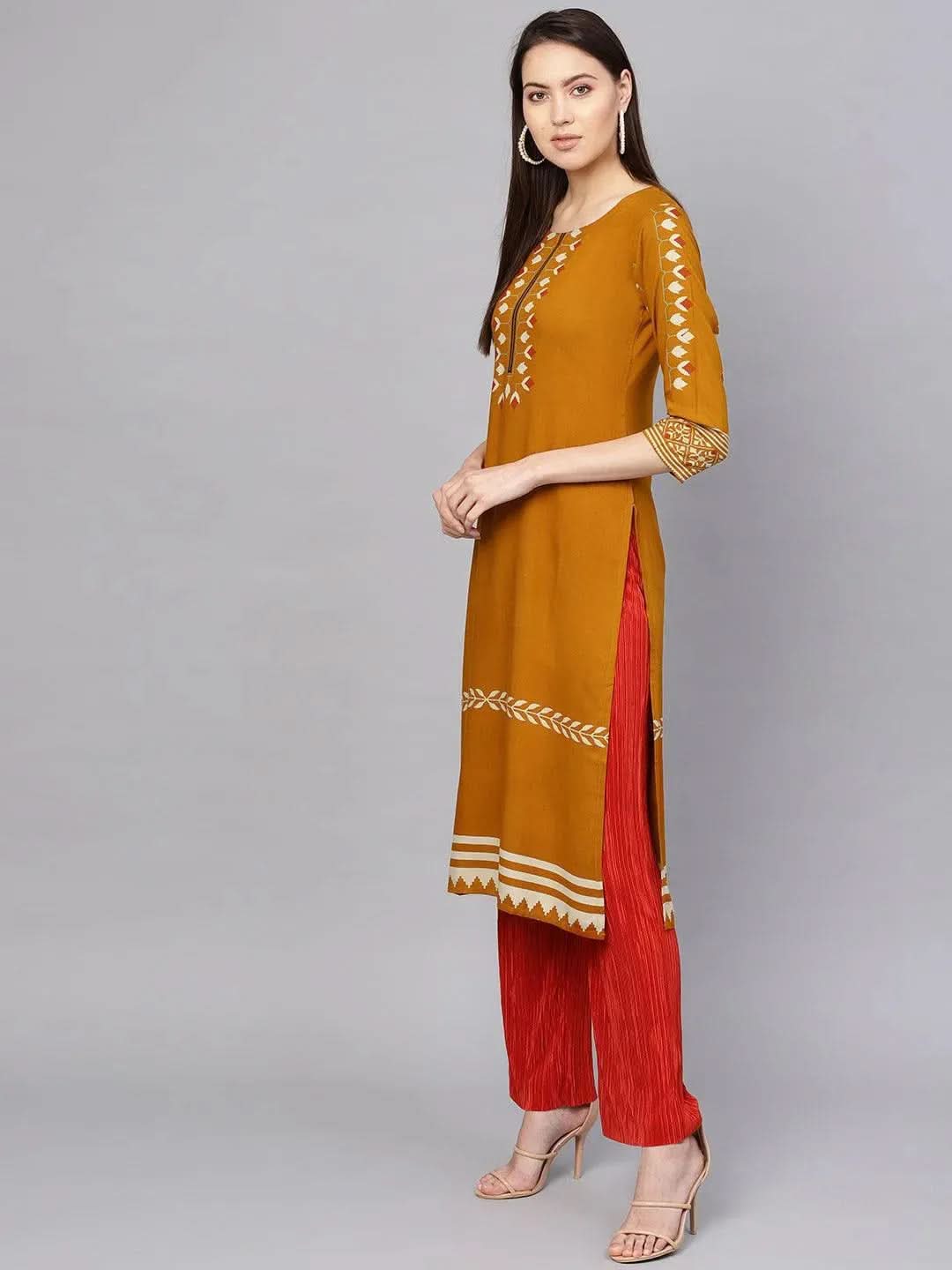 Libas Yellow Printed Rayon Kurta