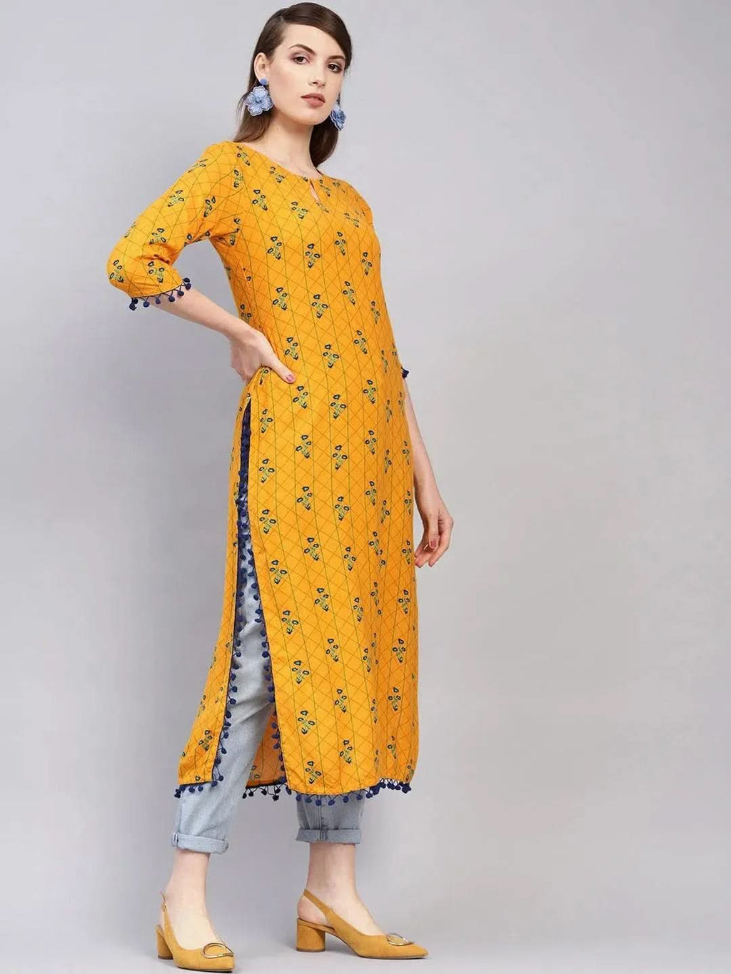 Libas Yellow Printed Rayon Kurta