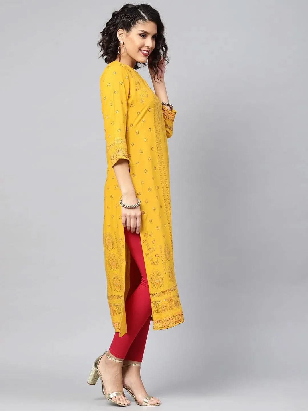 Libas Yellow Printed Rayon Kurta