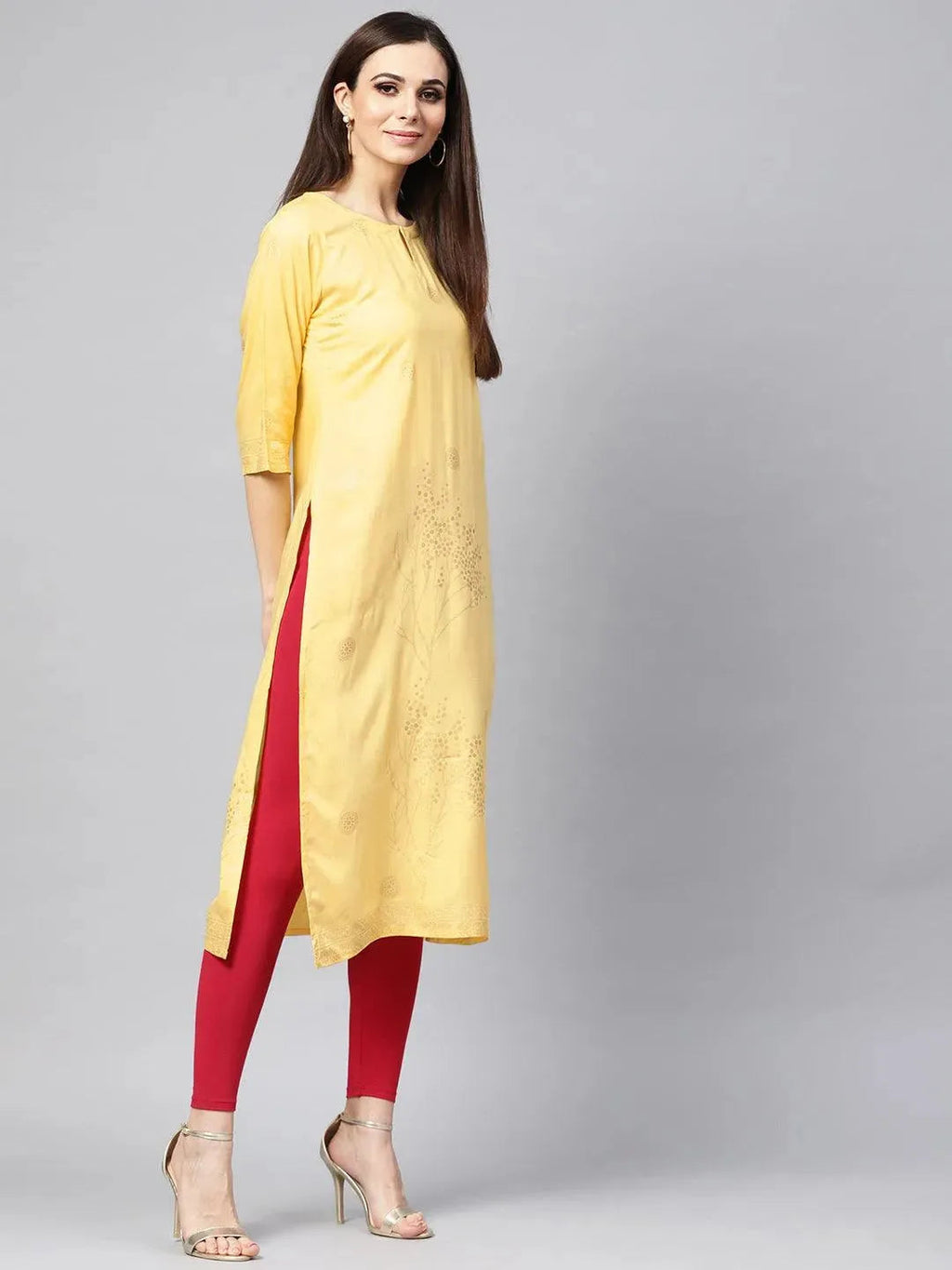 Libas Yellow Printed Rayon Kurta