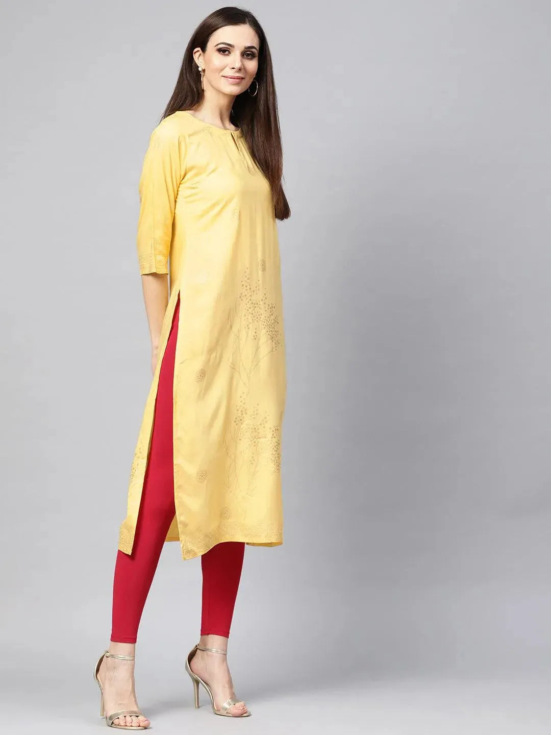 Libas Yellow Printed Rayon Kurta