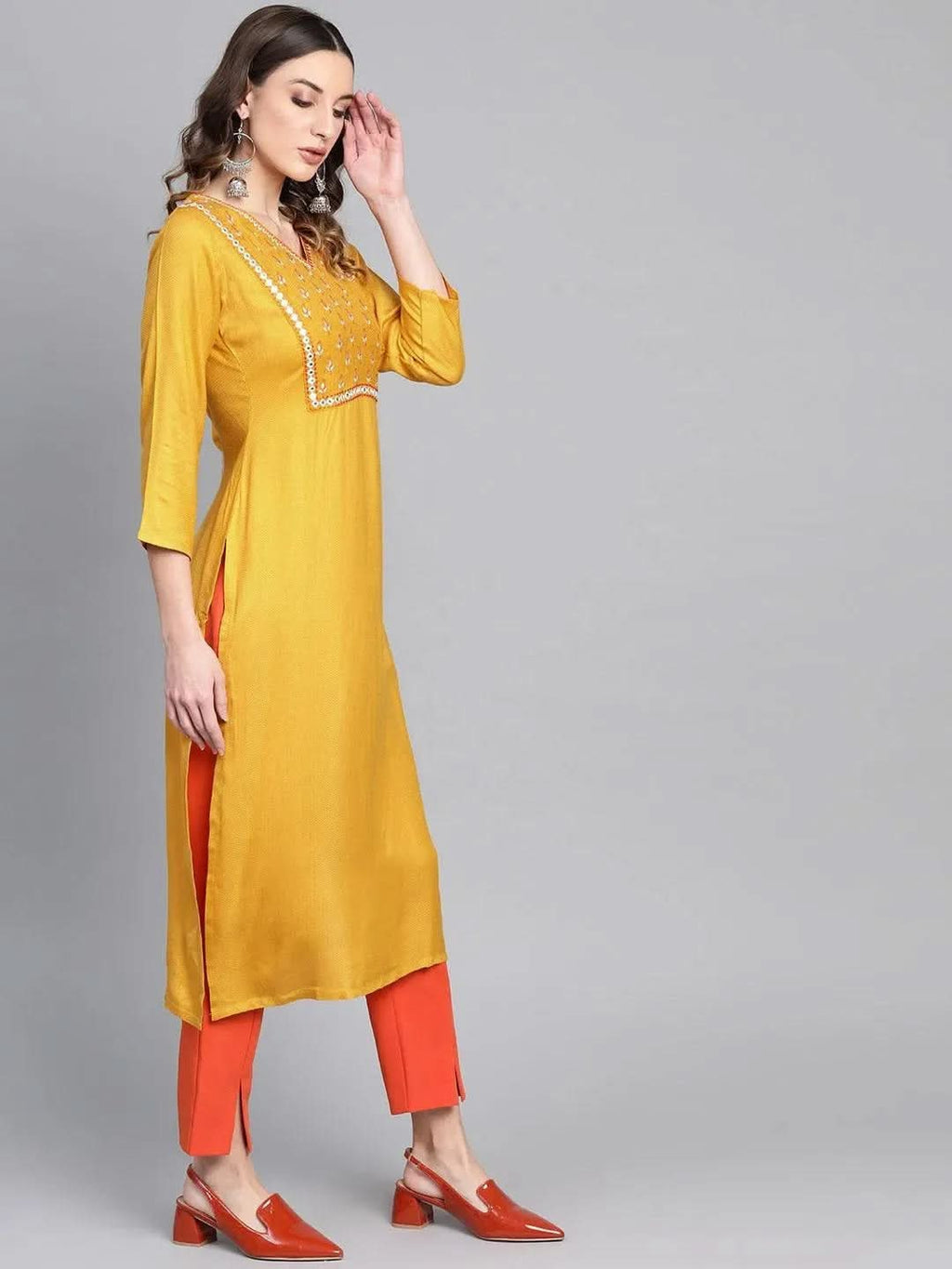 Libas Yellow Printed Rayon Kurta