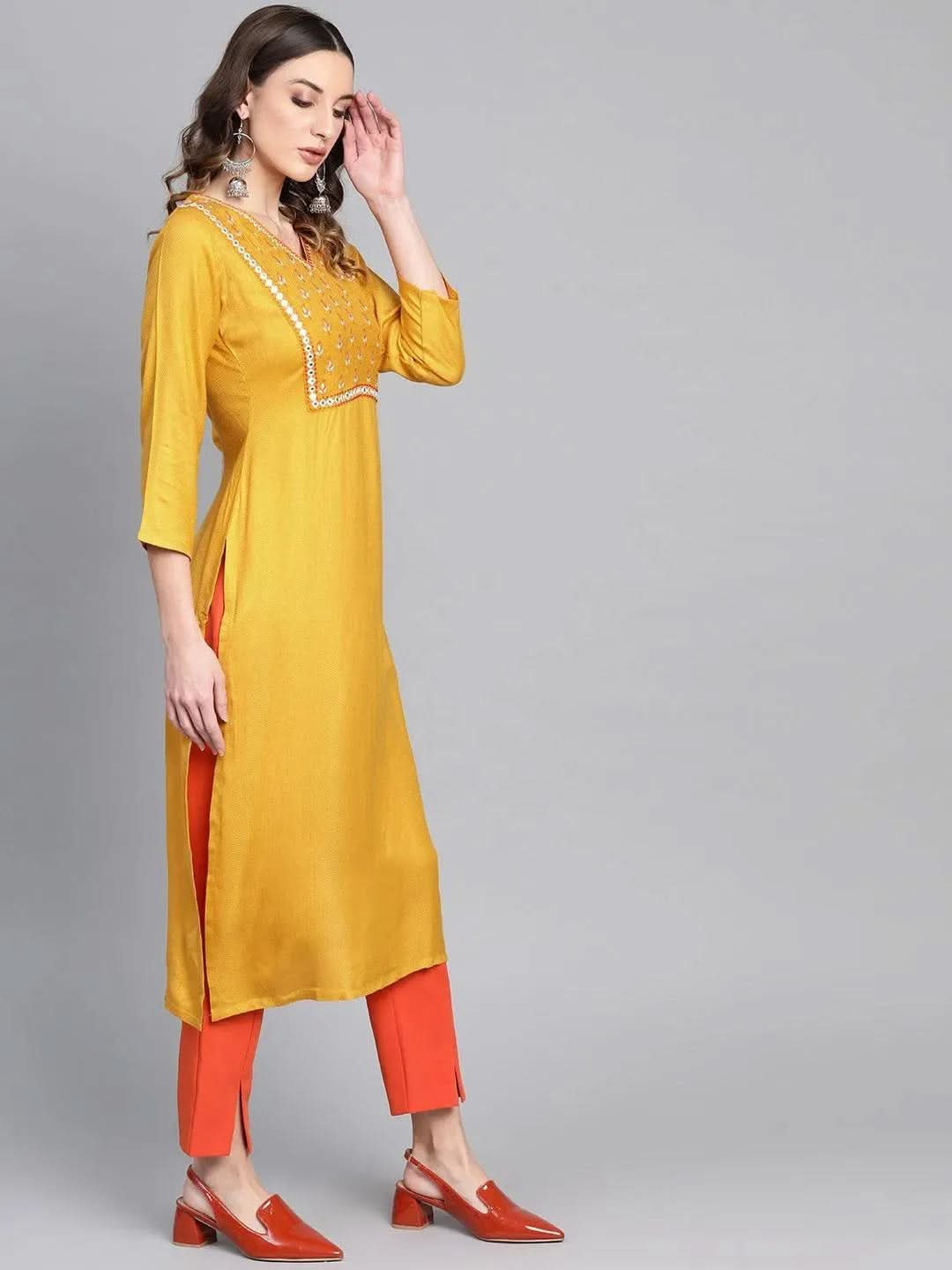 Libas Yellow Printed Rayon Kurta