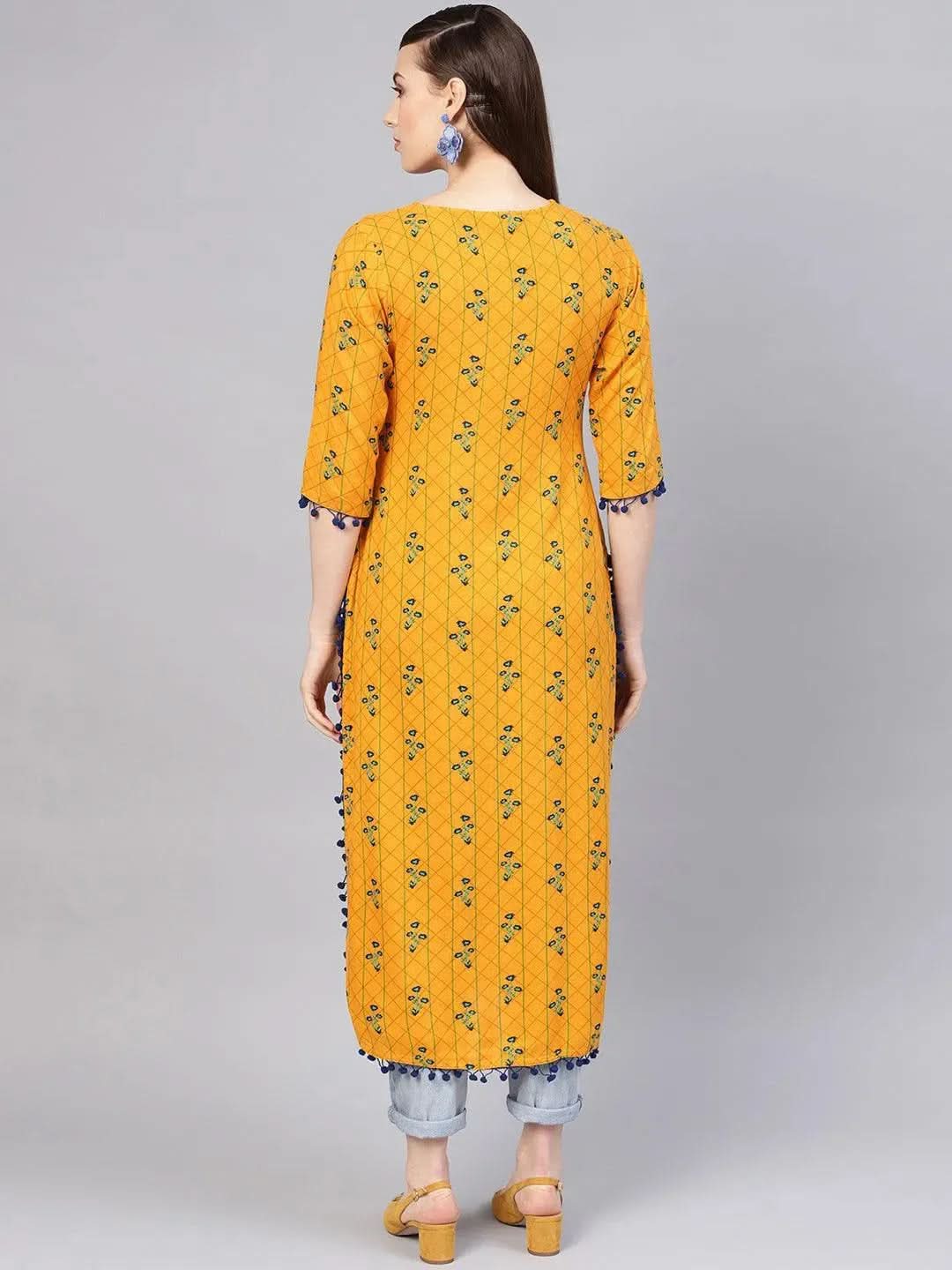 Libas Yellow Printed Rayon Kurta