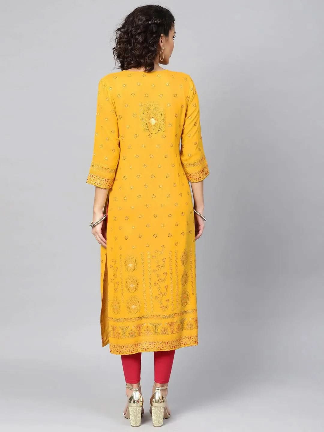 Libas Yellow Printed Rayon Kurta