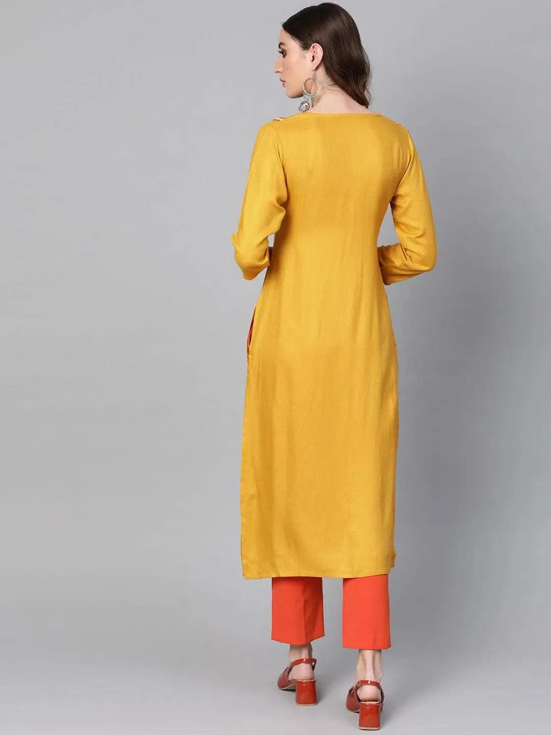 Libas Yellow Printed Rayon Kurta