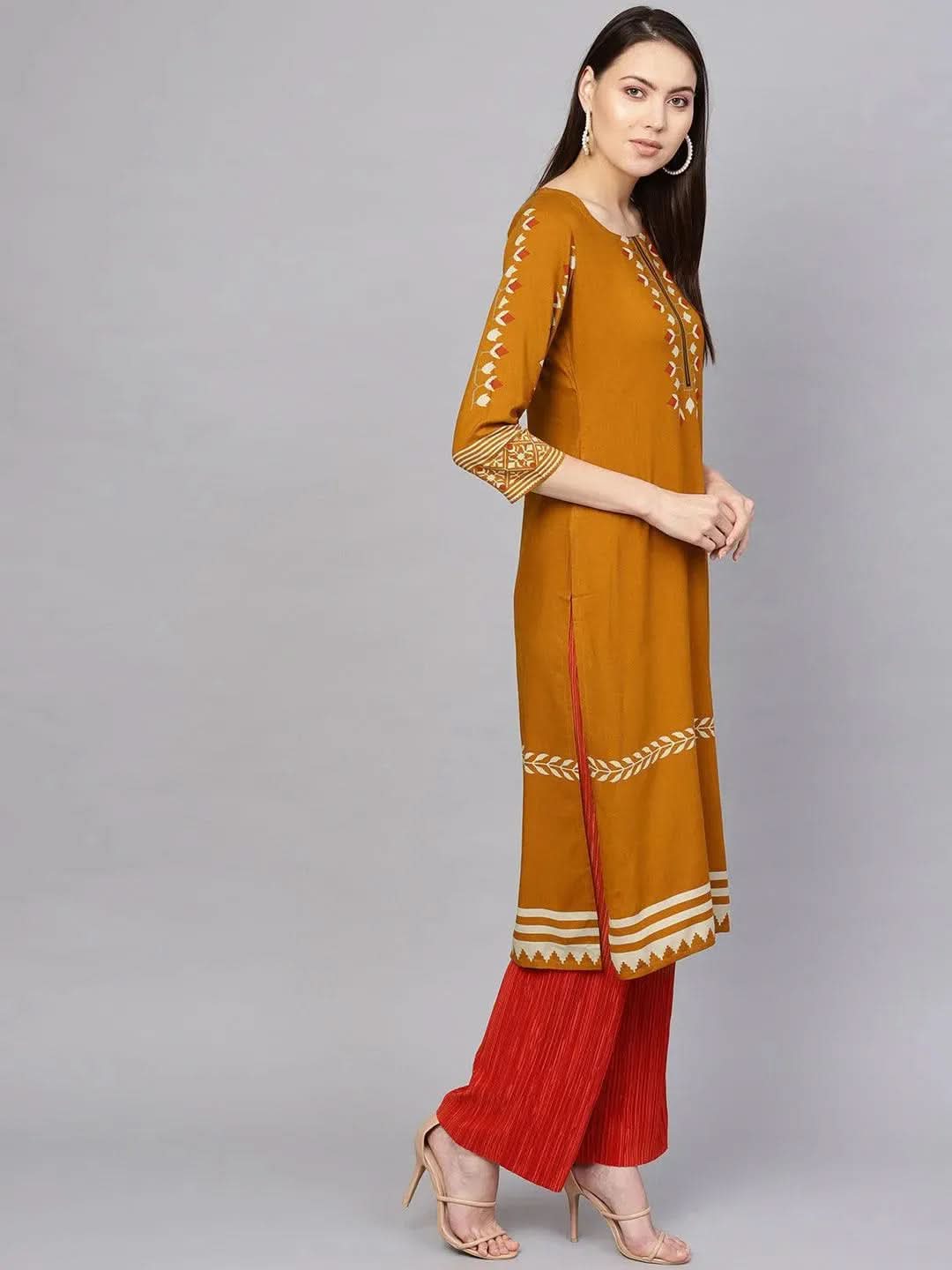 Libas Yellow Printed Rayon Kurta