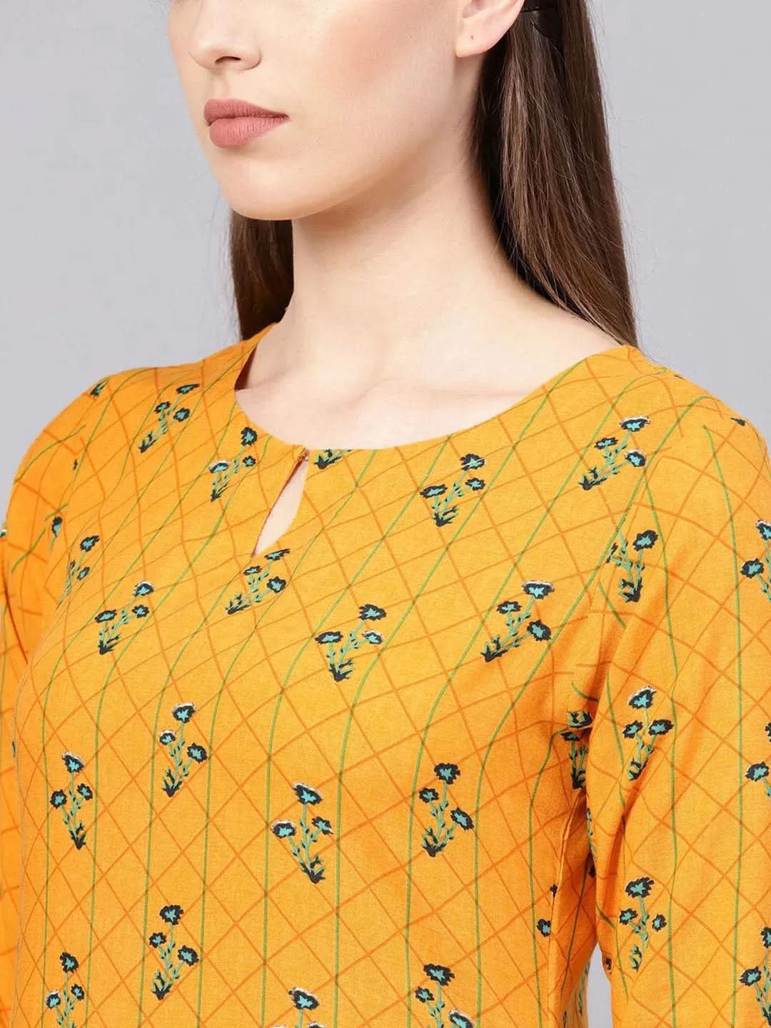Libas Yellow Printed Rayon Kurta