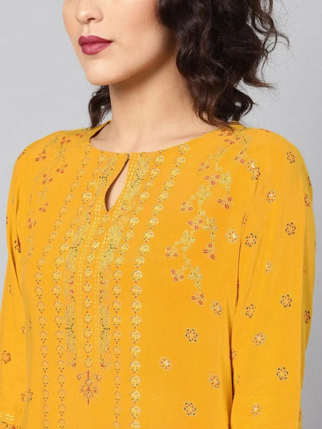 Libas Yellow Printed Rayon Kurta