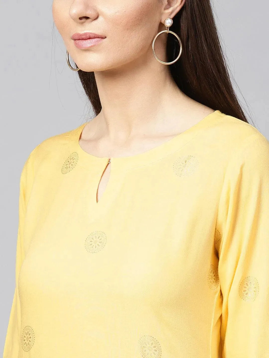 Libas Yellow Printed Rayon Kurta