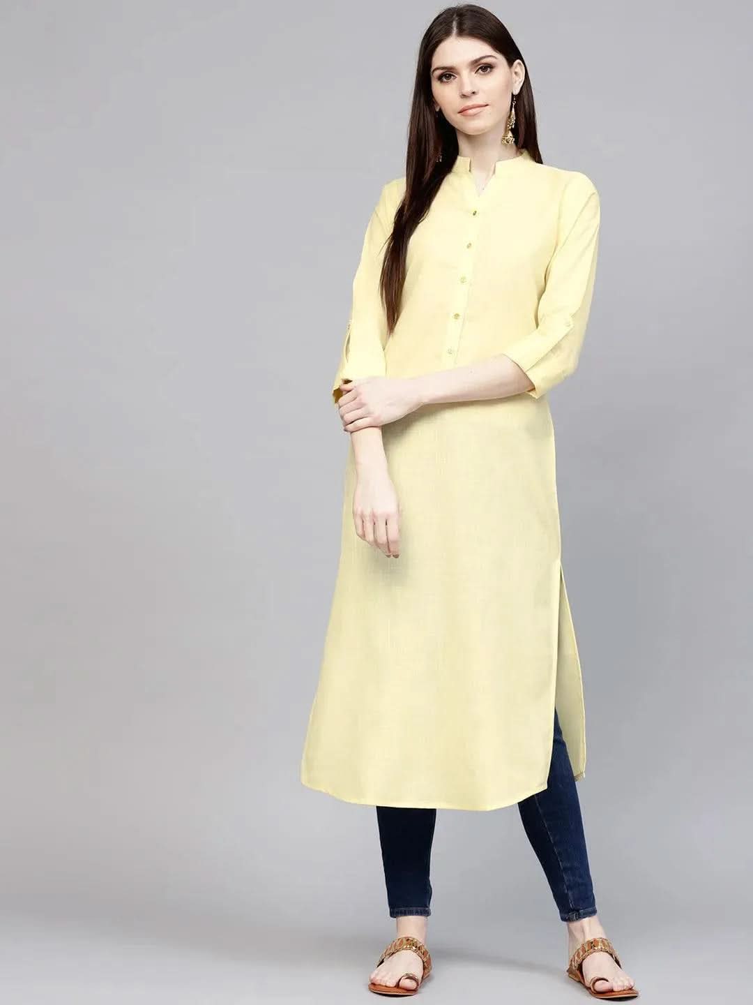 Libas Yellow Solid Cotton Kurta