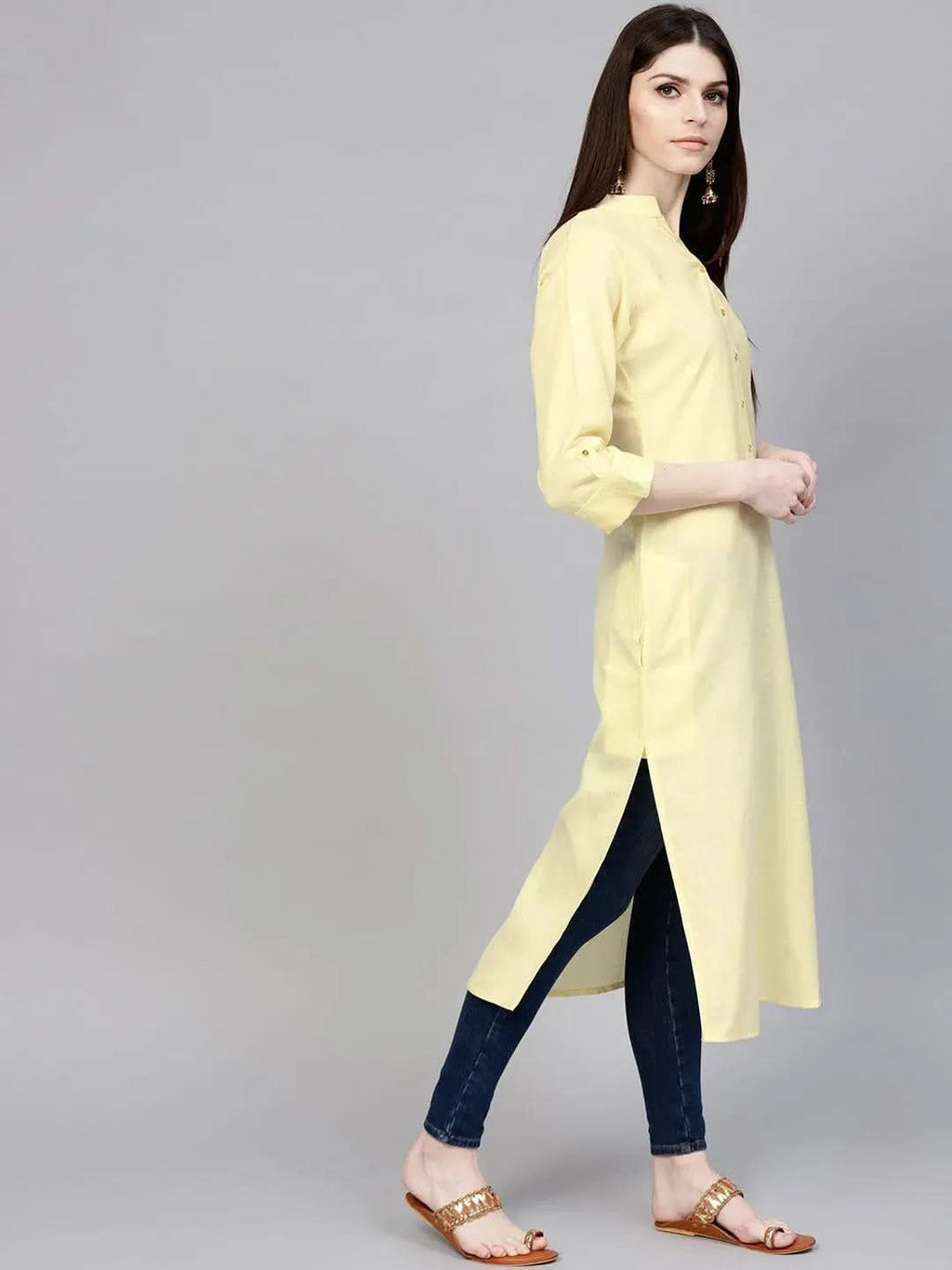 Libas Yellow Solid Cotton Kurta