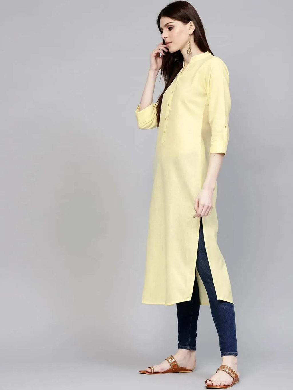 Libas Yellow Solid Cotton Kurta