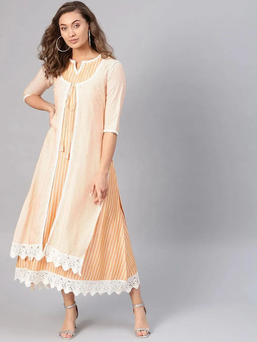 Libas Yellow Striped Cotton Dress With Jacket