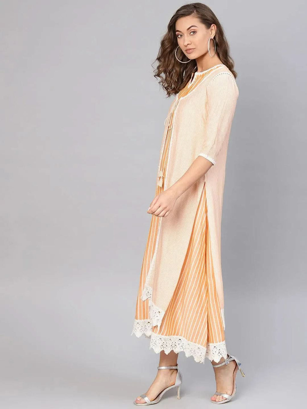 Libas Yellow Striped Cotton Dress With Jacket