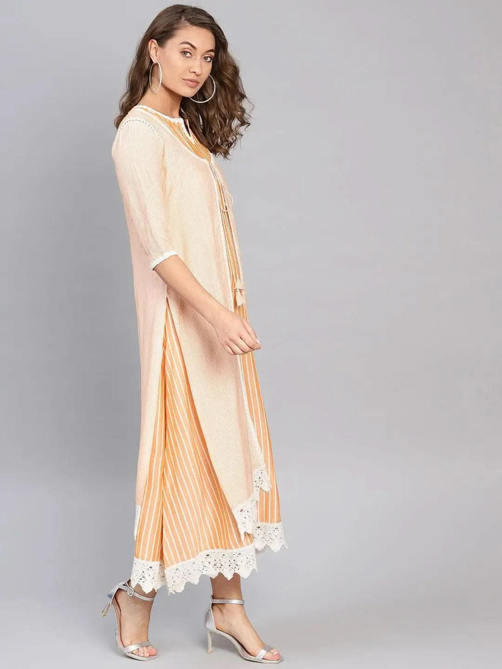 Libas Yellow Striped Cotton Dress With Jacket